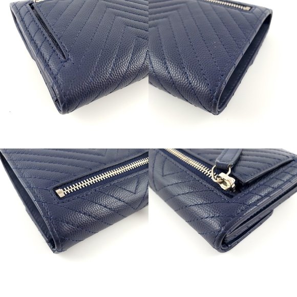 Authentic CHANEL Classic Navy Blue CaviarCompact Quilted Flap Chevron Wallet - Picture 11 of 14